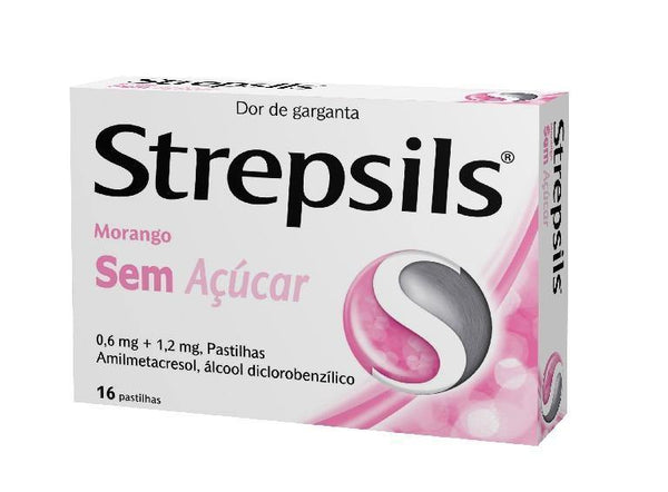 Strepsils Morango sem açúcar, 1,2/0,6 mg x 16 pst - Farmácia Saldanha
